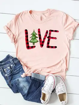 Модный топ с праздничным принтом в клетку с любовным письмом, женская рождественская модная футболка, графическая футболка, женская одежда, футболка