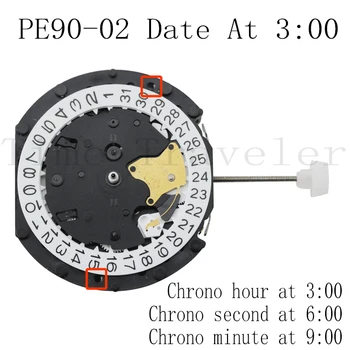Многофункциональный кварцевый часовой механизм Sunon 3 Hand PE90-02 С датой в 3:00 Общая высота 6,8 мм