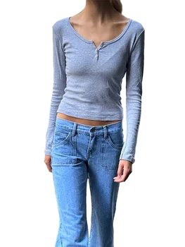 Женские рубашки с длинным рукавом, повседневные осенние футболки Henley на пуговицах, базовые футболки из рубчатого трикотажа, облегающая футболка