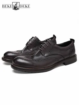 Мужская обувь из натуральной конской кожи ручной работы, туфли-броги в британском ретро стиле на шнуровке, мужские свадебные модельные туфли большого размера 45 46 47