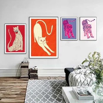 Скандинавский абстрактный плакат с животными и принт Красный Розовый зеленый Тигр не теряет сна Картина на холсте Настенные панно Домашний декор в спальне
