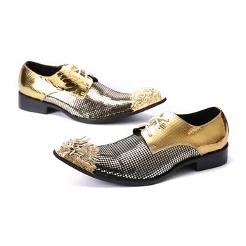 Мужские кожаные туфли с металлическим острым носком, блестящие золотые слипоны для вечернего показа, туфли на блочном каблуке