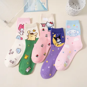 Kawaii Sanrio Носки Прекрасный Помпон Purin Hello Kitty Чесаные Хлопчатобумажные Дышащие Универсальные Носки Sen Fashion Socks Christmas Gif