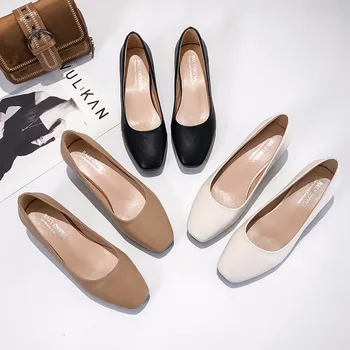 Женские модные туфли-лодочки на высоком каблуке с квадратным носком, повседневные тонкие туфли без застежки, Мягкая подошва, средний каблук, офисная женская кожаная обувь