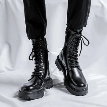 Мужские модные мотоциклетные ботинки в британском стиле; черные оригинальные кожаные ботинки; ковбойские ботинки на платформе; сезон весна-осень; длинные ботинки