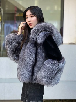 2023 Новый натуральный мех, новое модное длинное пальто из меха лисы для женщин, роскошные куртки из меха чернобурки с капюшоном, верхняя одежда