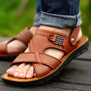 Мужские кожаные сандалии большого размера 48, Летняя Классическая мужская обувь, тапочки, Мягкие сандалии, мужская римская удобная обувь для прогулок на открытом воздухе