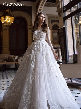 Современное свадебное платье с вырезом лодочкой и длинным рукавом, блестящее свадебное платье с 3D цветами, Изящный халат невесты трапециевидной формы, Vestidos De Novia