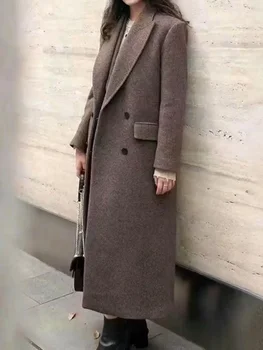 Женское пальто с двубортным зубчатым длинным рукавом, Винтажная осенне-зимняя шерстяная куртка средней длины