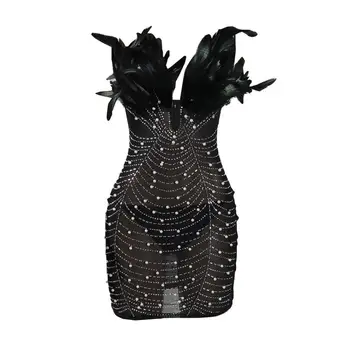 Женское платье с высокой талией, элегантное кружевное платье для выпускного вечера, комплект с искусственным жемчугом, украшенный стразами и перьями, женская мини-вечеринка
