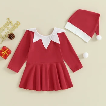 Рождественское платье принцессы для маленьких девочек, красное платье трапециевидной формы с длинным рукавом и шляпой Санта-Клауса, детская одежда из 2 предметов, костюм, верхняя одежда