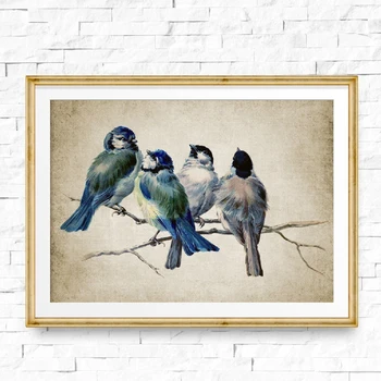 Печать плаката Blue Birds Винтажная Иллюстрация птицы Настенное искусство Холст Картина Большая птица Животное Изображение для домашнего декора гостиной