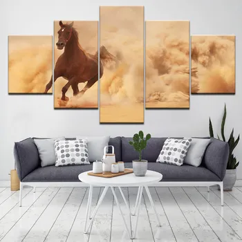 Современные бегущие лошади Летящая пыль в пустыне HD Фотография 5шт Бескаркасная печать на холсте Плакаты для украшения дома