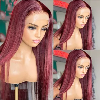 26-дюймовый Винно-красный Бордовый парик из 99J кружева Спереди, Мягкие Длинные шелковистые парики из прямых волокон с волосами Младенца для женщин, натуральная линия роста волос