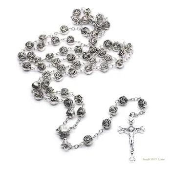 Католическое ожерелье из Четок QX2E Пластиковые Бусины из цветов Розы Цепочка с Распятием