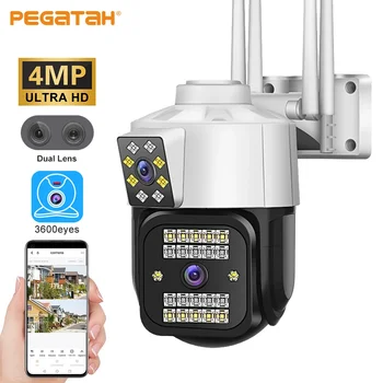 PEGATAH 4-мегапиксельная IP-камера WiFi PTZ-камера безопасности с двумя объективами ночного видения с автоматическим отслеживанием наружного видеонаблюдения Камера видеонаблюдения
