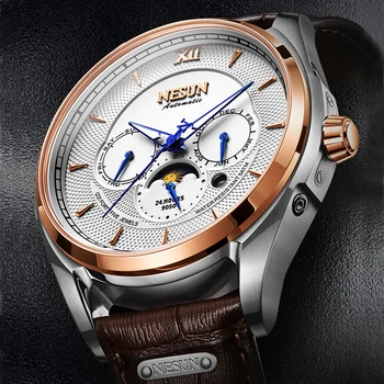 Швейцарский люксовый бренд NESUN, Автоматические механические мужские часы, многофункциональные 50-метровые водонепроницаемые светящиеся часы с фазой Луны N9050