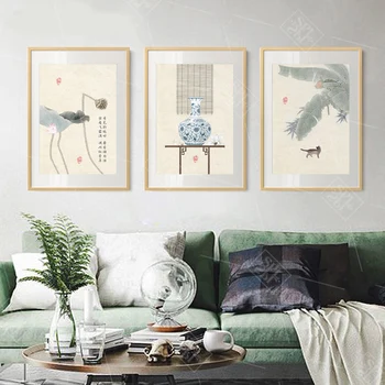 Акварельная ваза с листьями Лотоса, картина на холсте, домашний декор в китайском стиле, настенная живопись для гостиной, винтажные плакаты и принты