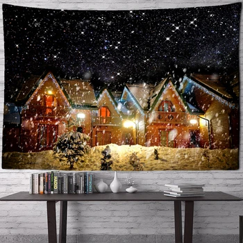Гобелен с видом на снежную ночь, Психоделический Лесной Дом, Рождественская Иллюстрация, висящая на стене, Декор для гостиной