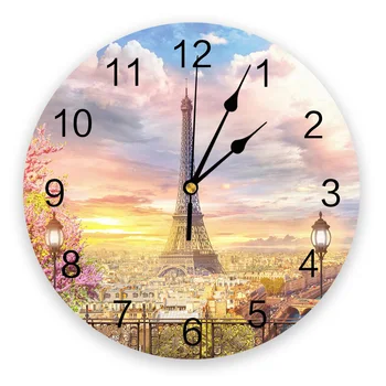 Парижская башня Цветы Здание дома Декоративные Круглые настенные часы Индивидуальный дизайн, не тикающие, Бесшумные Спальни, Большие настенные часы
