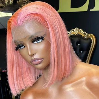 Розовый Короткий парик с кружевом спереди для чернокожих женщин, прямая блондинка, Красный, косплей, Лолита, Натуральный Синтетический парик с кружевом спереди