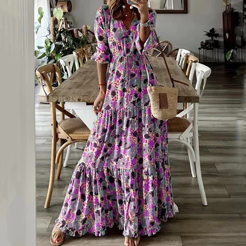 Женское платье с цветочным принтом 2023, новая мода, летние платья с V-образным вырезом и коротким рукавом на шнуровке, винтажное повседневное шикарное платье