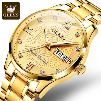 Роскошные мужские механические часы бренда OLEVS из золота, модные водонепроницаемые часы со светящимся календарем недели из нержавеющей стали, деловые мужские часы