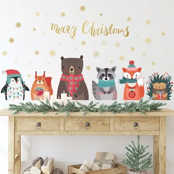 Наклейки с Рождеством Христовым для украшения дома, наклейки для декора стен, наклейки с мультяшными животными, наклейки на стены для детской комнаты, Рождественские наклейки на окна