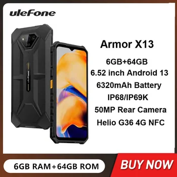 Ulefone Power Armor X13 Прочные Водонепроницаемые Смартфоны С восьмиядерным процессором 6 ГБ + 64 ГБ Android 13 Мобильный телефон 6,52 дюйма HD 50 МП 6320 мАч NFC