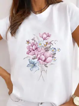 Одежда, женская одежда, футболка с графическим рисунком, женская футболка с цветочным принтом, акварель, тренд 90-х, мода с коротким рукавом, базовая футболка