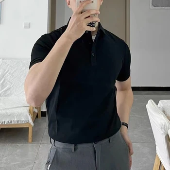 Однотонная Мужская футболка Поло с коротким рукавом 2023, летняя Корейская мода, Приталенный Деловой повседневный топ на пуговицах, Спортивная одежда для гольфа, мужская одежда для гольфа