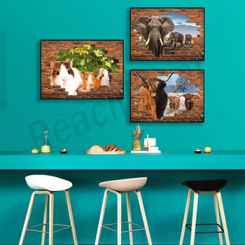 Морская свинка, Белый Тигр, Слон, крупный рогатый скот на плато, Плакат с изображением диких животных крупного рогатого скота, Плакат с эффектом животного, прорывающегося сквозь стену