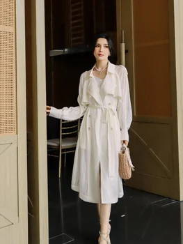 Белое высококачественное платье в стиле ветровки для женщин, летнее шифоновое платье средней длины в британском стиле, двубортный жакет, тонкий
