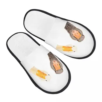 Зимние женские мужские нескользящие тапочки на плоской подошве с изображением забавного гуся и утки, мягкая теплая обувь для помещений