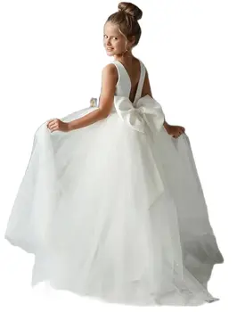 Мини-свадебные платья для новобрачных с атласным бантом, Низкий V-образный вырез на спине, жемчужная талия, платье цветочницы, Длинные вечерние платья для девочек из белого тюля