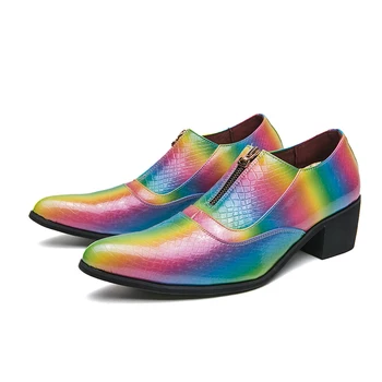 Разноцветные мужские кожаные модельные туфли с острым носком на высоком каблуке для мужчин, модные нескользящие туфли для вечеринки, выпускного вечера, свадьбы, оксфорды, увеличивающие рост