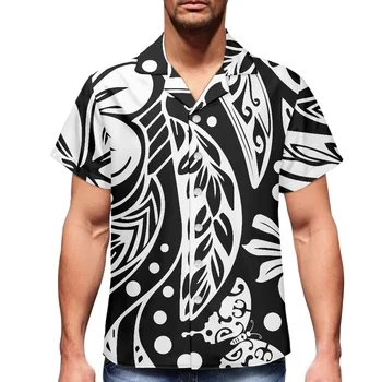 HYCOOL Полинезийская Этническая Племенная Черно-Белая Рубашка С Гавайским Тропическим Принтом, Рубашки Больших Размеров, Летняя Свободная Пляжная Рубашка С воротником