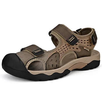 Мужские пляжные сандалии большого размера, уличная летняя мужская обувь из натуральной кожи, Дышащие повседневные кроссовки на плоской подошве, Обувь для болотных сандалий