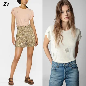 Новая женская летняя футболка из 100 хлопка с круглым вырезом и французским рисунком ZV Star, женская футболка с коротким рукавом и рисунком
