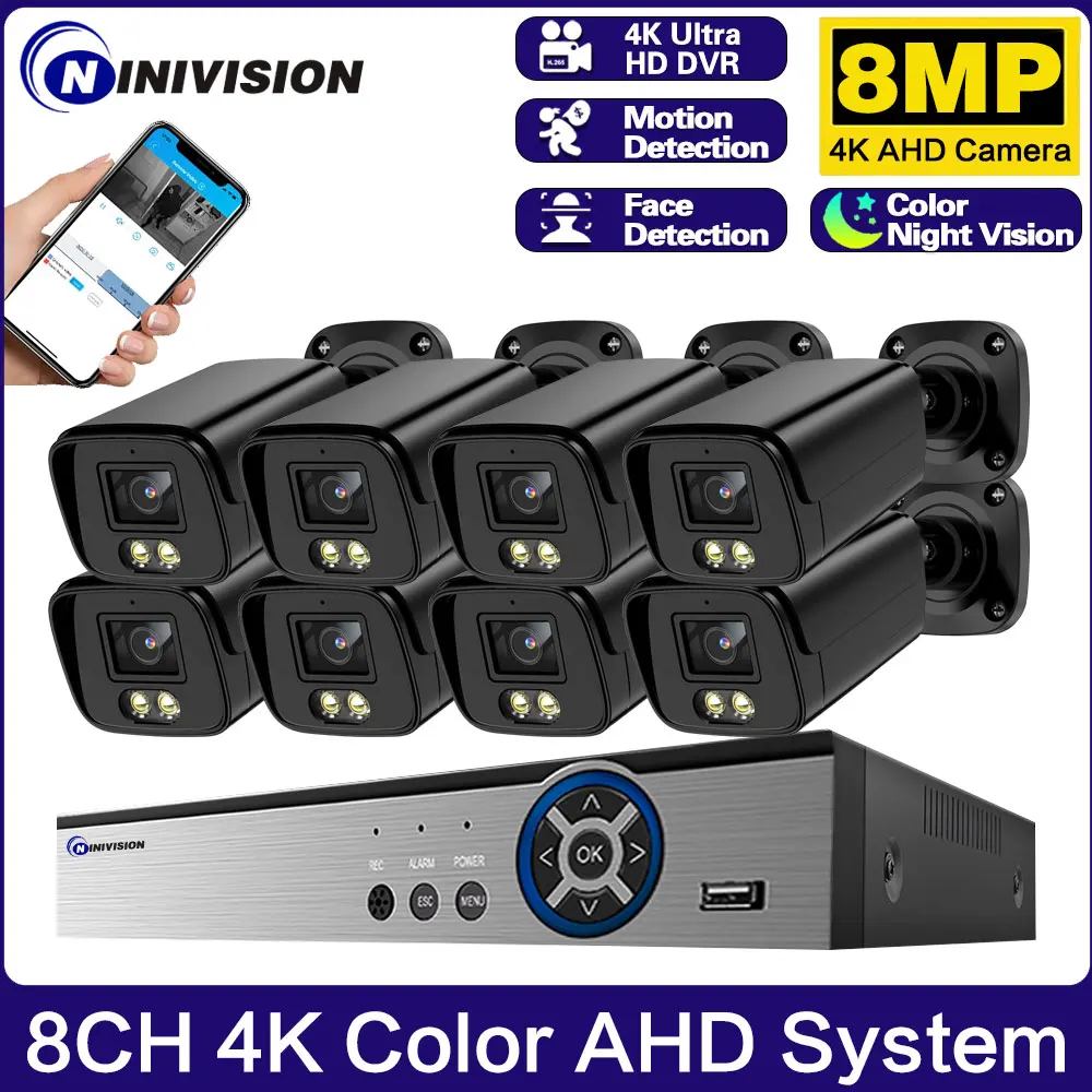 8CH 8.0MP 24H Полноцветная Камера Ночного Видения CCTV AHD Комплект Камеры 8MP 4K Открытый Водонепроницаемый Уличный Световой Монитор Система Безопасности