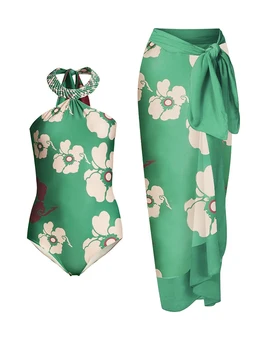 Зеленый цветочный принт, свисающий с шеи, сексуальный дизайн галстука, бикини, женский цельный купальник и длинная накидка, новые модные дизайны 2023