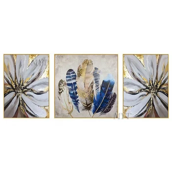 Абстрактные картины маслом с цветами и перьями, уникальная современная картина маслом для украшения гостиной, 100% ручная роспись, без рамок