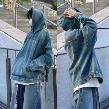 Японская джинсовая куртка с капюшоном Для мужчин и женщин, свободная повседневная винтажная толстовка, пальто, джинсовый пуловер, выстиранный на улице, Университетская осень