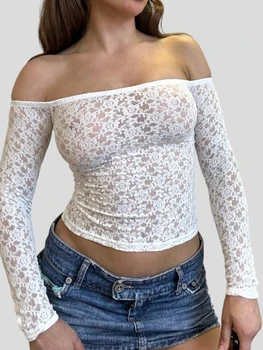 Женский кружевной пуловер с цветочным рисунком, осенние винтажные топы с длинным рукавом и открытыми плечами, Прозрачная женская блузка приталенного кроя для клубной вечеринки Y2K