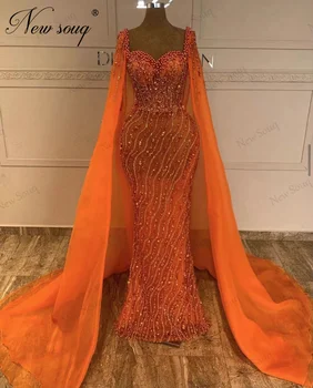 Vestidos De Fiesta Оранжевые вечерние платья с длинными рукавами-накидками Дубай, Арабский бисер, жемчуг, платье для дня рождения, помолвки, вечерние платья