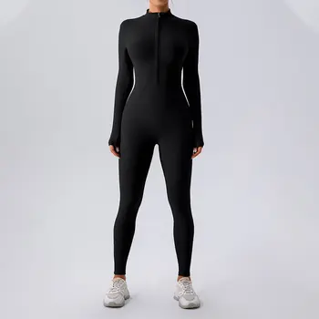 Цельный костюм для йоги, спортивный комбинезон, женский черный боди на молнии со стоячим вырезом и длинным рукавом, боди для фитнеса, спортивная одежда, комплект леггинсов для спортзала