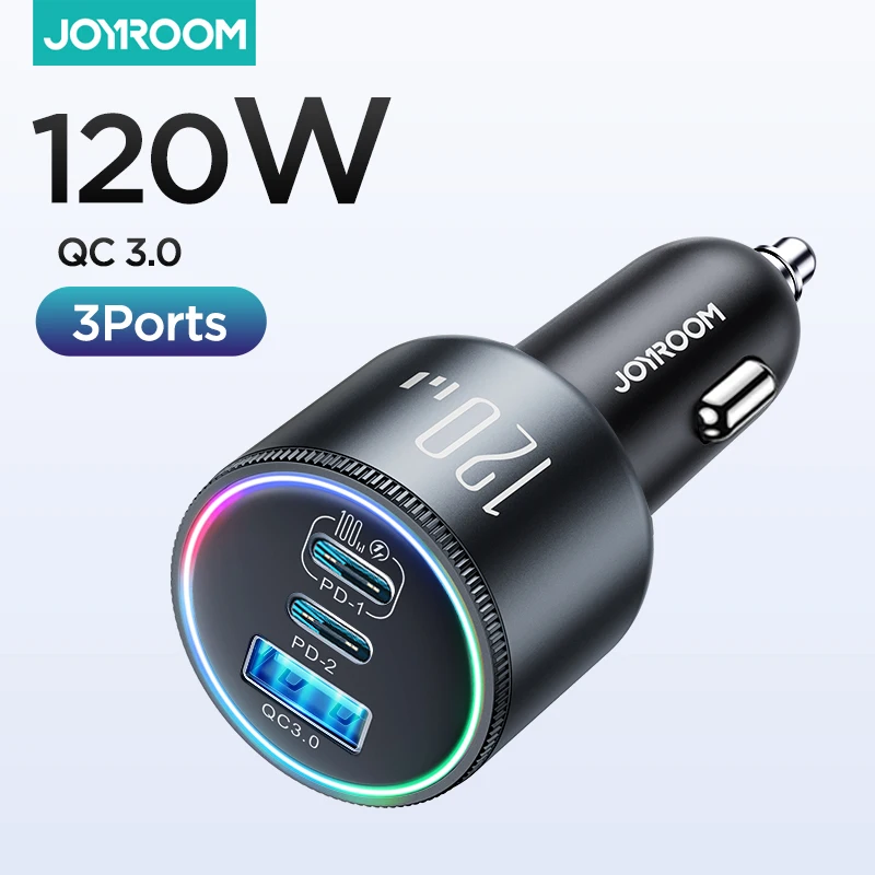 Joyroom 3 Порта Супер Быстрое Автомобильное Зарядное Устройство Адаптер 120 Вт Автомобильное Зарядное Устройство USB C для iPhone 15 Pro PD 100 Вт и 35 Вт QC 4.0 Автомобильное Зарядное Устройство Для Телефона