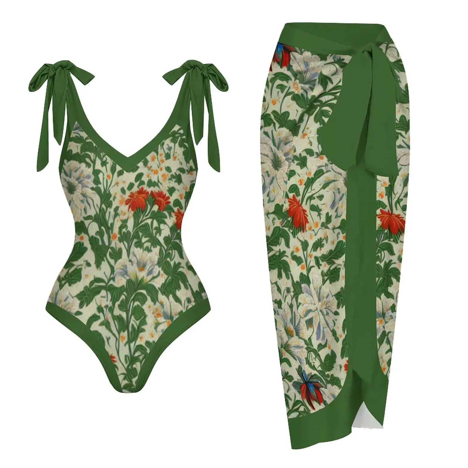 Женский цельный купальник в стиле ретро, Зеленая праздничная пляжная одежда с глубоким V-образным цветочным принтом, Летняя одежда для серфинга 2023