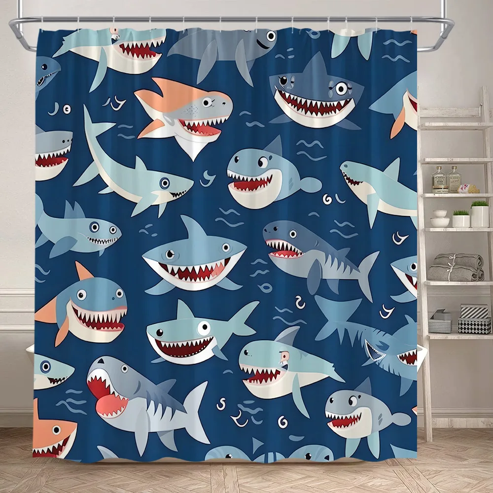 Занавески для душа с забавной мультяшной акулой, милые Океанские животные-рыбы, занавески для детской ванны из полиэстеровой ткани, декор детской ванной комнаты с крючками