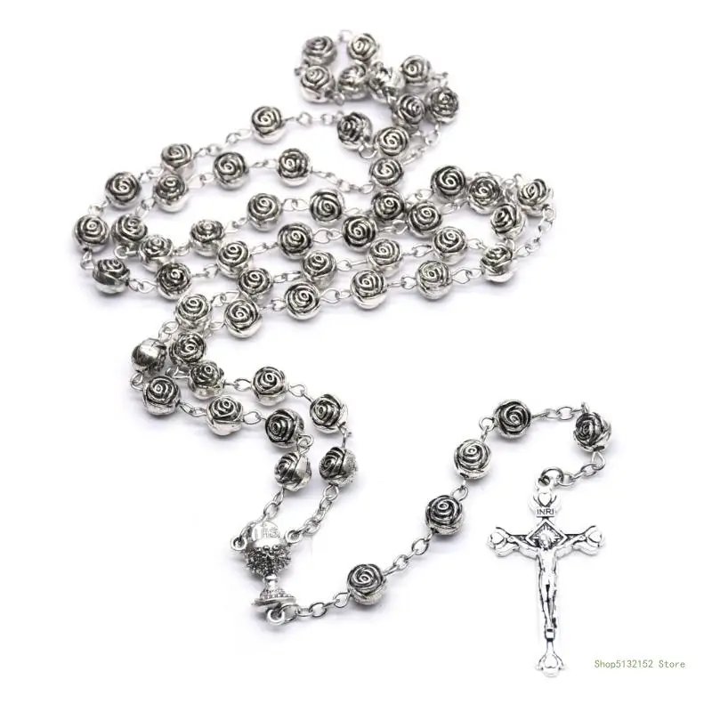 Католическое ожерелье из Четок QX2E Пластиковые Бусины из цветов Розы Цепочка с Распятием